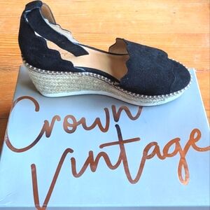 Crown Vintage Daffodil Espadrille Wedge Sandals- Black Suede Size 9m-New in box